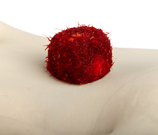 PliaFX Pak in Palm Showing Fibers and Chips soaked in blood