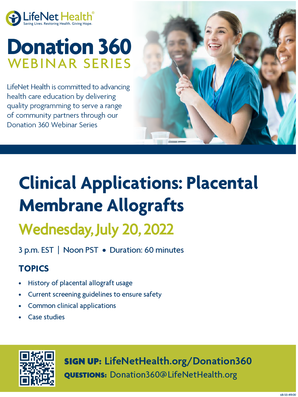 Donation 360 Webinar: Clinical Applications Placental Membrane Allografts flyer